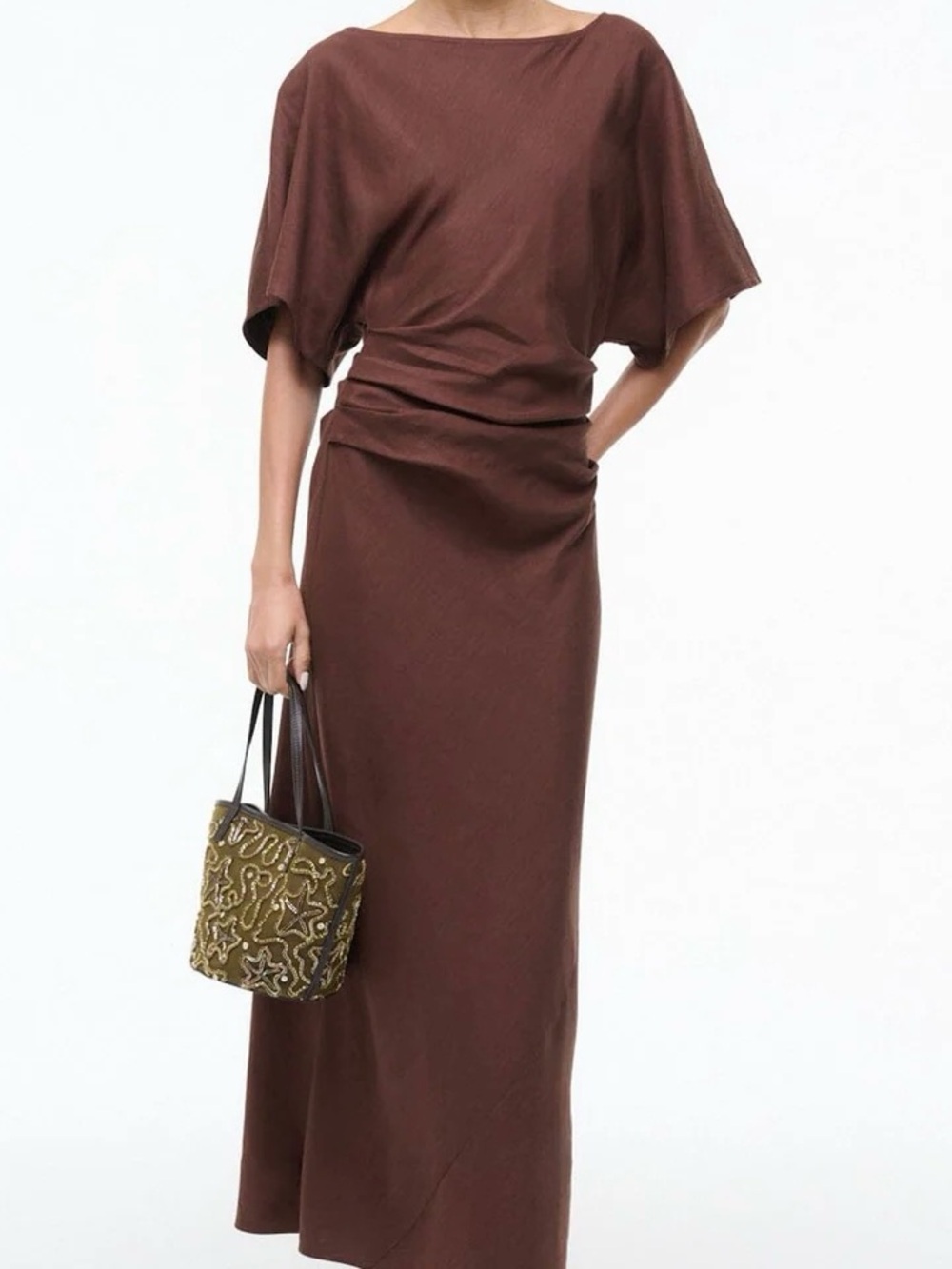 NWT Staud Amelie Linen Dress in Dark Oak